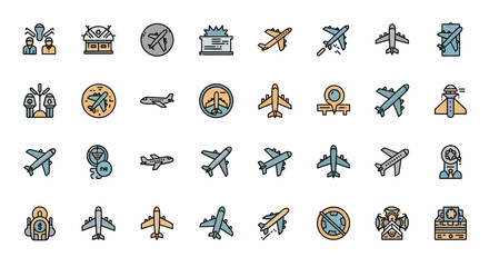 Set of Vector Icons Colorful Airplane Icons in Various Styles Representing Air Travel and Aviation. Vector Illustrations. EPS Editable