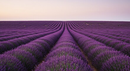 Fototapeta premium Vast Lavender Field with Purple Blooms Under Soft Sky at Sunset