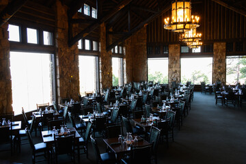 Inside the historic log and stone lodge dining room, north rim of Grand Canyon National Park, Kaibab National Forest, Arizona, USA
