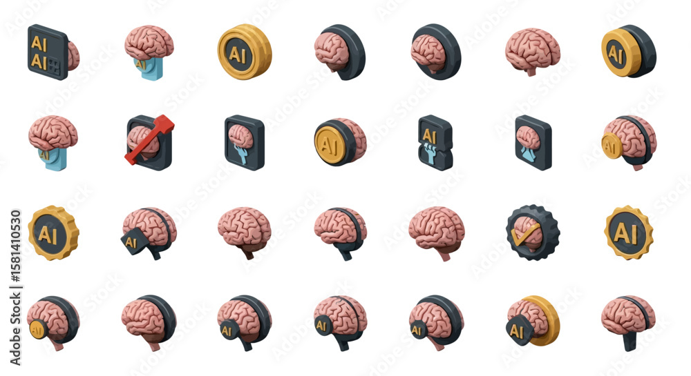 Poster set of vector icons isometric ai brain icons set artificial intelligence concept with brains. vector