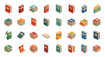 Fototapeta premium Set of Vector Icons Isometric Books Collection Colorful Stacked and Single Books with Various Designs. Vector Illustrations. EPS Editable