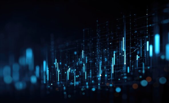 Abstract digital landscape of glowing blue data streams, nodes, and lines forming a complex network against a dark background, suggesting technological advancement or financial data visualization