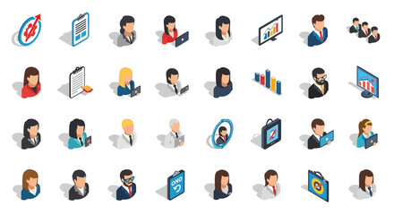 Set of Vector Icons Isometric Business People Icons Diverse Professionals with Laptops and Documents. Vector Illustrations. EPS Editable
