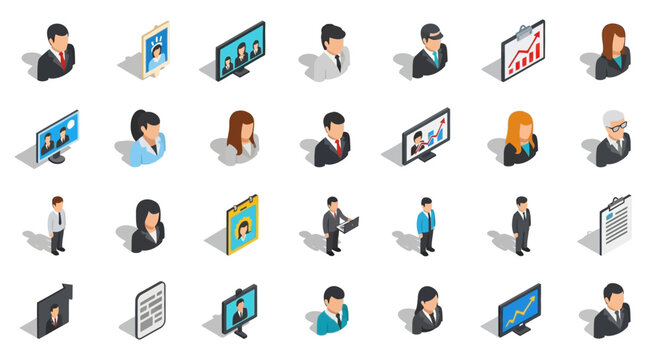 Set of Vector Icons Isometric Business People Icons Diverse Professionals in Various Poses. Vector Illustrations. EPS Editable