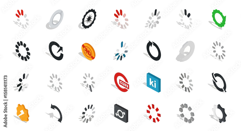Poster set of vector icons isometric loading icons collection diverse styles and color variations. vector i