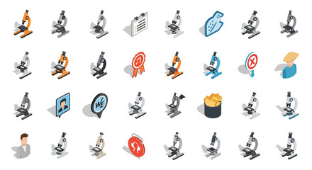 Set of Vector Icons Isometric Microscopes Scientific Instruments in Various Colors and Styles. Vector Illustrations. EPS Editable
