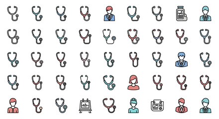 Naklejka premium Set of Vector Icons Medical Icons Stethoscope Doctor Medicine and EKG Monitor in Flat Design. Vector Illustrations. EPS Editable