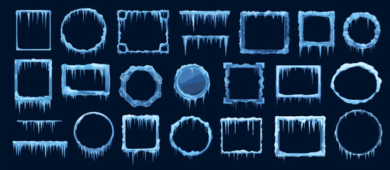 Square and round ice snow frames. Cartoon frozen empty borders circle shape with icicles and snow caps. Christmas decoration vector elements