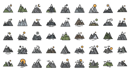 Set of Vector Icons Mountain Icon Set Diverse Peaks Weather Elements and Unique Designs. Vector Illustrations. EPS Editable