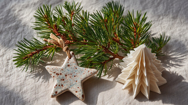 Minimal Japanese Holiday Scene with Speckled Star Ornament & Pine Sprig — Wide Copy Space for 2025-2027 Campaigns