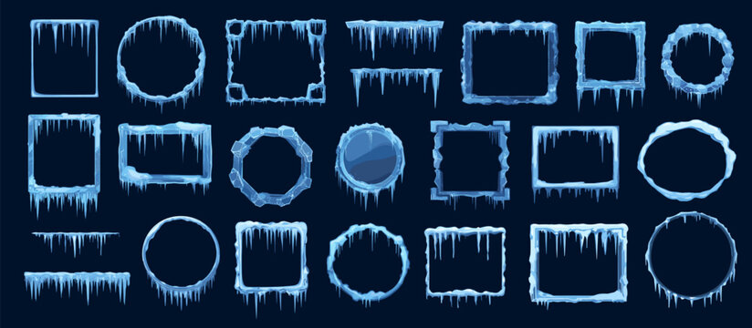 Square and round ice snow frames. Cartoon frozen empty borders circle shape with icicles and snow caps. Christmas decoration vector elements