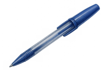 Transparent blue ballpoint pen with retractable mechanism, showcasing sleek design against clean background, ready for graphic projects