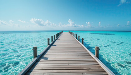 Obraz premium Wooden pier stretching into clear turquoise sea under blue sky, tropical summer travel destination with crystal water and horizon, peaceful seascape and nature background 