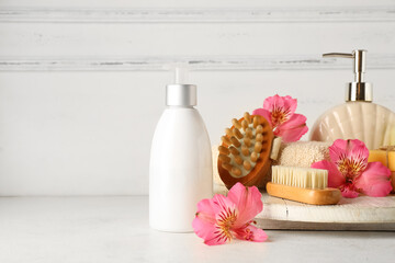 Beautiful spa composition with orchid flowers on white background