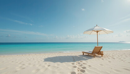Fototapeta premium Wooden beach chair with umbrella on white sand tropical beach with turquoise sea and clear blue sky, summer holiday relaxation concept 