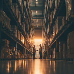 Fototapeta premium Two workers shaking hands in warehouse aisle during sunset light