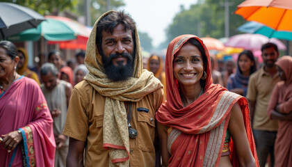 Fototapeta premium Community Celebration, Smiling Couple, Market Street, Photography, Vibrant Atmosphere, Eye-Level View, Cultural Connection