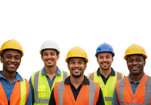 Diverse Construction Workers Smiling Together on Transparent Background