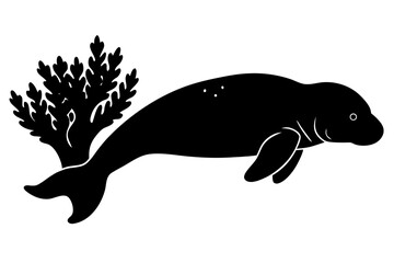Obraz premium Manatee swimming near coral reef silhouette vector illustration
