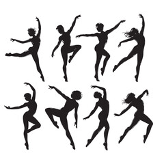 Ballet dancers graceful poses black white silhouettes.