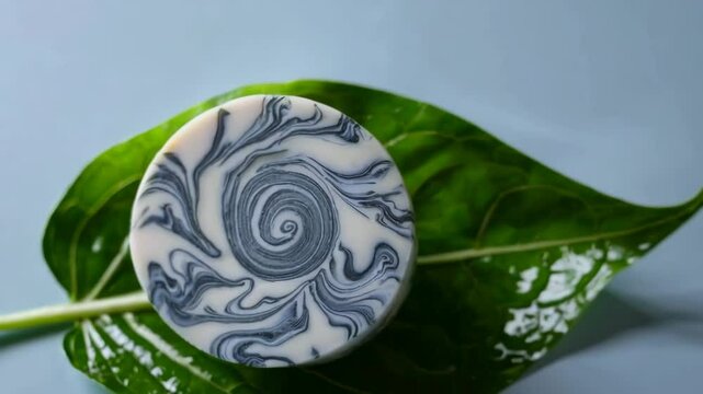 Rotating soapstone disc with intricate swirl patterns on vibrant leaf background