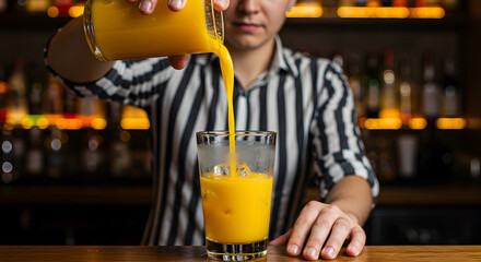 Bartender Pouring Orange Juice into Glass with Ice







