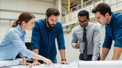 A diverse team of engineers and architects collaborates on a blueprint in a modern factory setting, discussing project strategy and design
