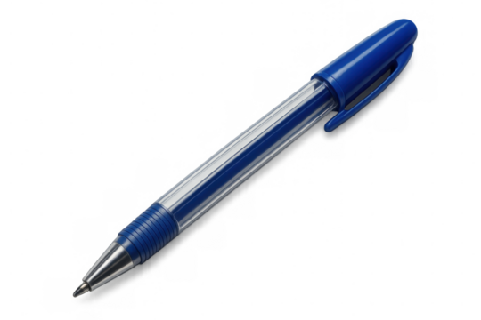 Blue ballpoint pen featuring transparent barrel, resting on clear background, serving writing needs in office and educational environments - Powered by Adobe