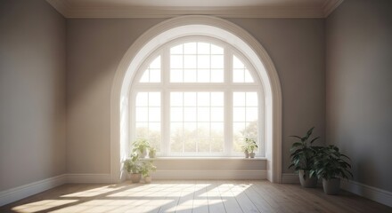 Elegant Interior with Arched Window, Plants, and Natural Light.