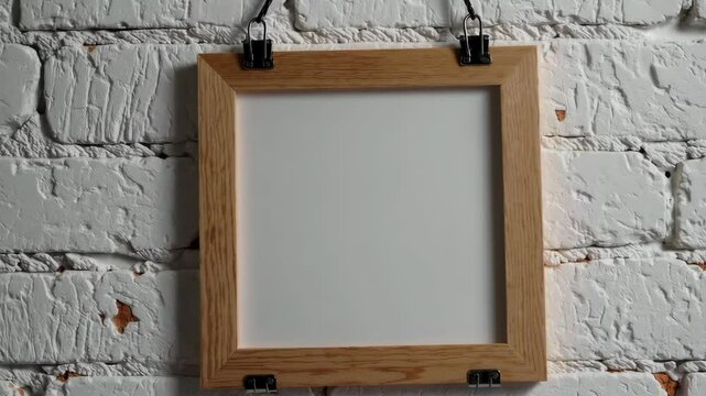 Frame transition on textured brick wall with wooden hanger hooks display