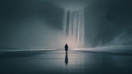 Waterfall and Person on Beach at Night