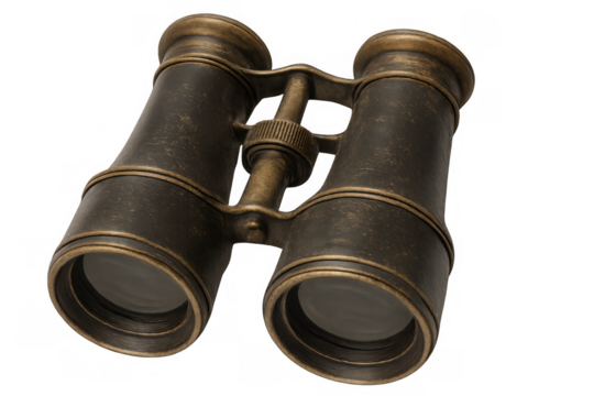 Vintage brass binoculars with a classic design, showcasing intricate details on a transparent background, ideal for historical or nautical themes
