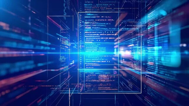 Abstract data stream with glowing lines and code snippets on a dark blue background