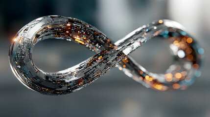 Endless infinity sign made of digital lines representing virtual reality, metaverse, and futuristic innovation. Symbolizes online simulation, cyber communication, and global connectivity with a blurre