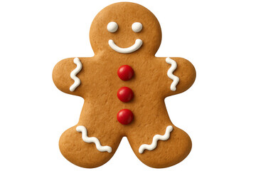 Gingerbread man cookie decorated with white icing and red buttons is smiling on a transparent background