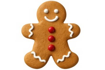 Gingerbread man cookie decorated with white icing and red buttons is smiling on a transparent background