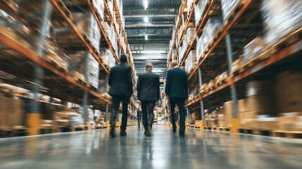 Business owner and colleagues are confidently walking through warehouse aisle. This low angle shot shows their dynamic movement and determination