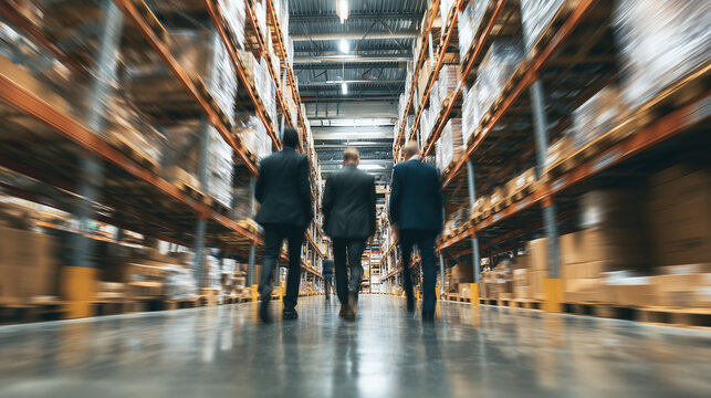 Business owner and colleagues are confidently walking through warehouse aisle. This low angle shot shows their dynamic movement and determination