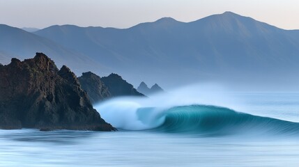 Misty turquoise wave crashes against dark coastal rocks