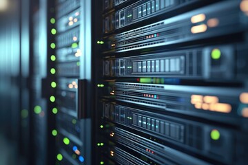 Close-up view of high-tech server racks with green and orange LED indicators in a modern data center, showcasing digital infrastructure and secure cloud network technology