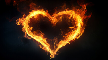 Fiery heart shape made of vivid flames on a black background. Intense, passionate, and dynamic, symbolizing love, energy, and power. Caption space available on the side for text or message.

