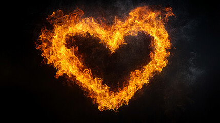 Fiery heart shape made of vivid flames on a black background. Intense, passionate, and dynamic, symbolizing love, energy, and power. Caption space available on the side for text or message.

