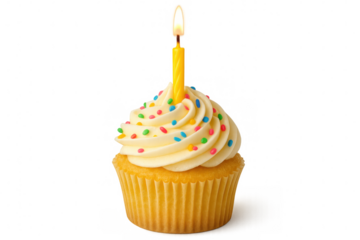 Vanilla-frosted cupcake featuring colorful sprinkles, yellow birthday candle glowing, positioned against transparent backdrop highlighting festive sweet treat
