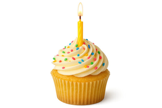 Vanilla-frosted cupcake featuring colorful sprinkles, yellow birthday candle glowing, positioned against transparent backdrop highlighting festive sweet treat
