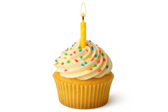 Vanilla-frosted cupcake featuring colorful sprinkles, yellow birthday candle glowing, positioned against transparent backdrop highlighting festive sweet treat