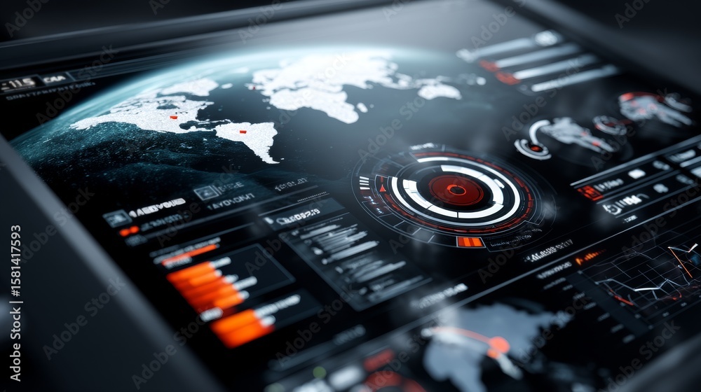 Poster futuristic data visualization on tablet screen with global map and interactive graphs