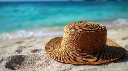 Close-up of sunscreen lotion with a blurred summer straw hat and sandy beach background. Represents sun protection, skincare, and relaxation during vacation by the sea. Caption space on the side.

