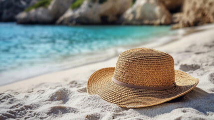 Close-up of sunscreen lotion with a blurred summer straw hat and sandy beach background. Represents sun protection, skincare, and relaxation during vacation by the sea. Caption space on the side.

