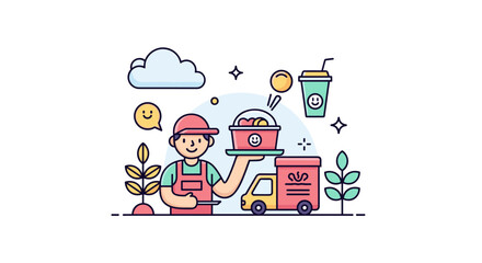 Fototapeta premium Food Delivery Service Illustration with Courier and Van