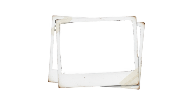 Two blank vintage instant film frames stacked with aged paper edges and a black background creating a retro photo album effect